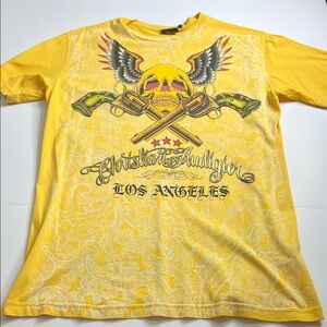 Christian Audigier Yellow Skull Graphic Tee